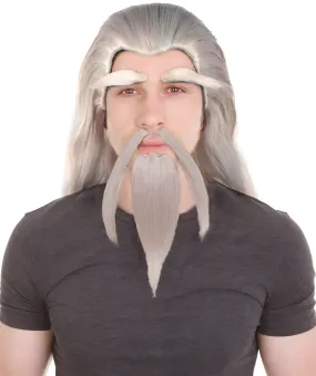 Adult Man's 24" Inch Long Length Halloween Cosplay Anime Animated Master of Combat Video Game Character Wig, Synthetic Fiber Hair with Eye Brows, Beard and Mustache,  | HPO