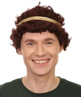 Adult Men's 9" Inch Short Length Curly Brown Halloween Cosplay Anime Heron Costume Wig with Gold Band, Synthetic Soft Fiber Hair, Perfect for your next Festival and Group Anime Party! | HPO