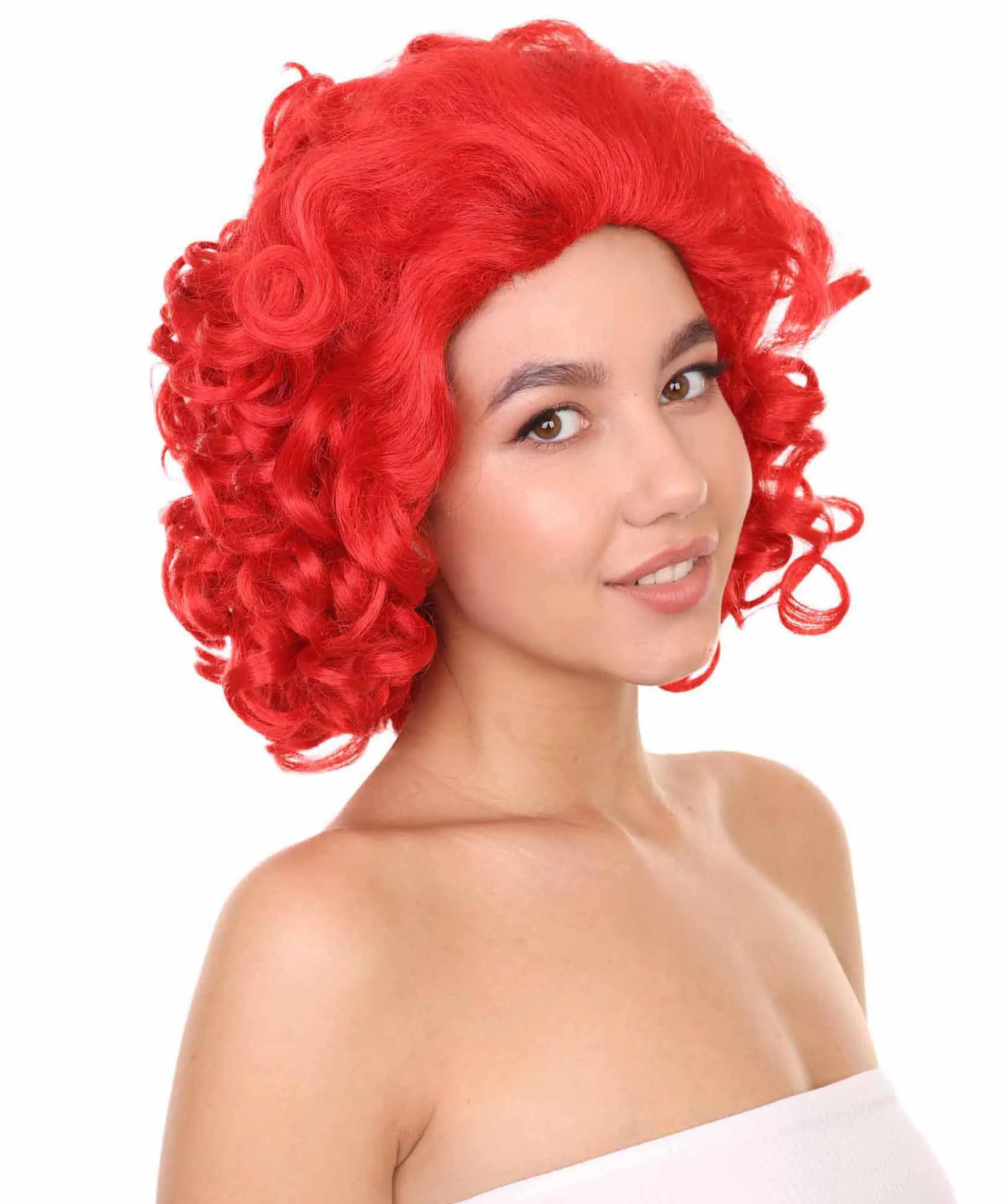 Adult Women's 15" Inch Medium Length Curly Halloween Cosplay Queen of Drag Fierce Red Ruby Color Costume Wig, Synthetic Soft Fiber Hair | HPO