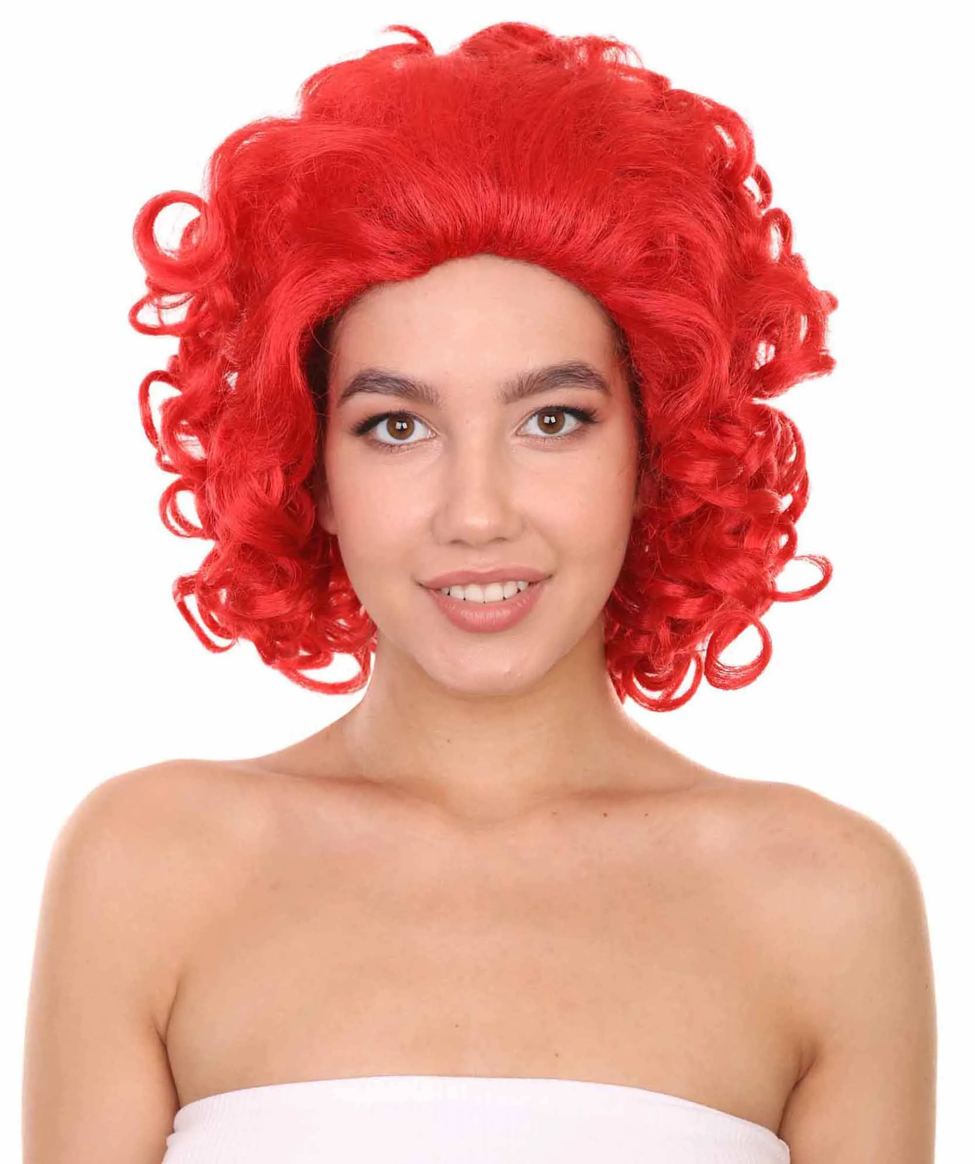 Adult Women's 15" Inch Medium Length Curly Halloween Cosplay Queen of Drag Fierce Red Ruby Color Costume Wig, Synthetic Soft Fiber Hair | HPO