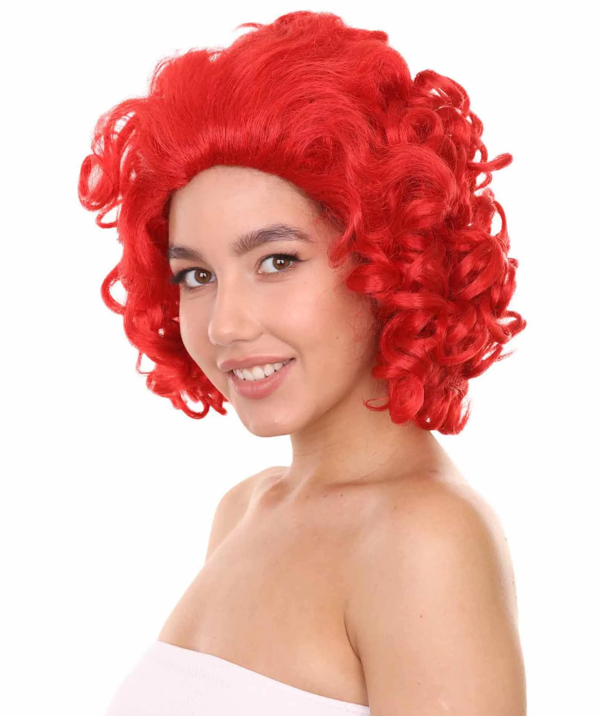 Adult Women's 15" Inch Medium Length Curly Halloween Cosplay Queen of Drag Fierce Red Ruby Color Costume Wig, Synthetic Soft Fiber Hair | HPO