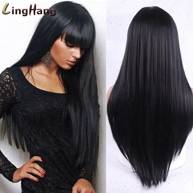 Blonde Long Straight Wig with Bangs Synthetic