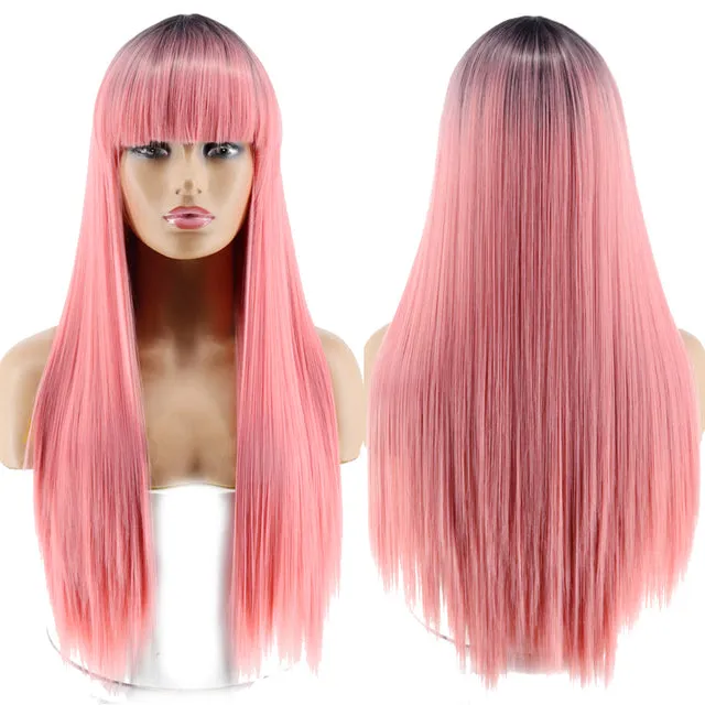 Blonde Long Straight Wig with Bangs Synthetic