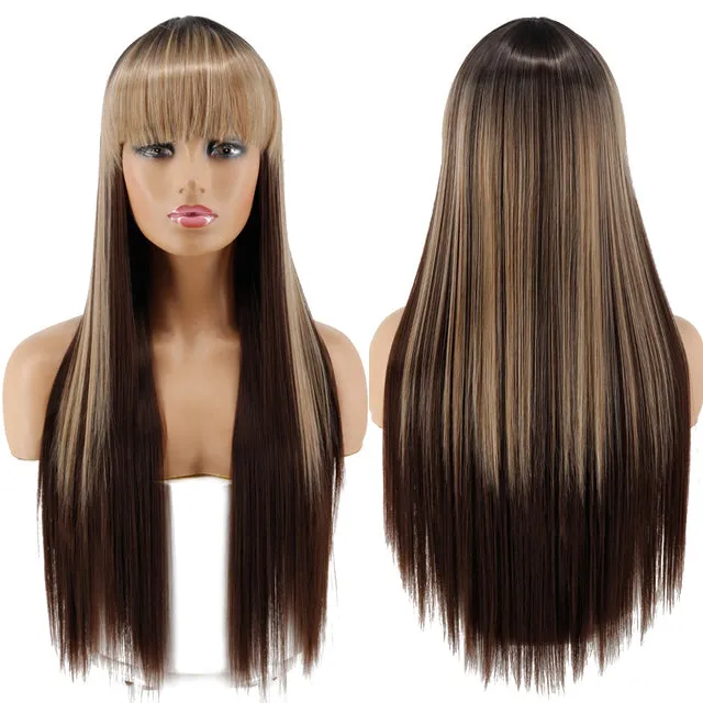 Blonde Long Straight Wig with Bangs Synthetic