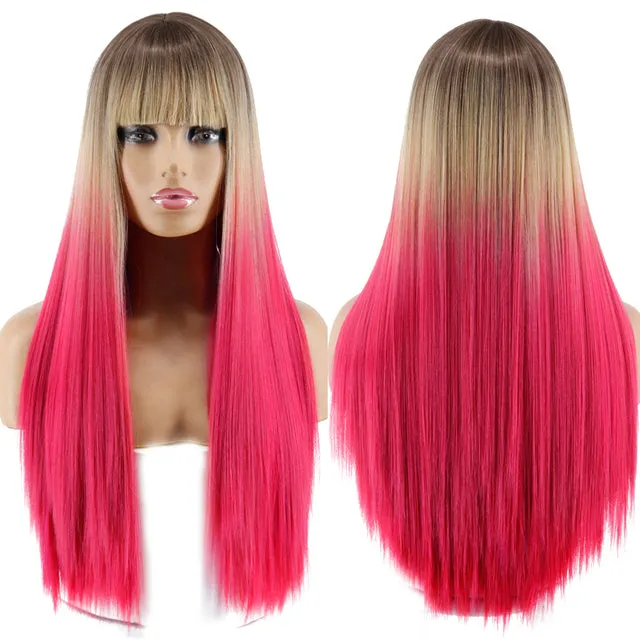 Blonde Long Straight Wig with Bangs Synthetic