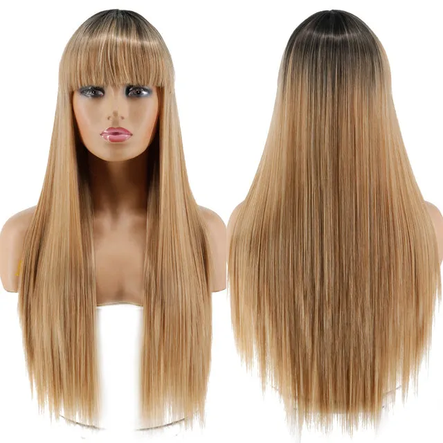 Blonde Long Straight Wig with Bangs Synthetic