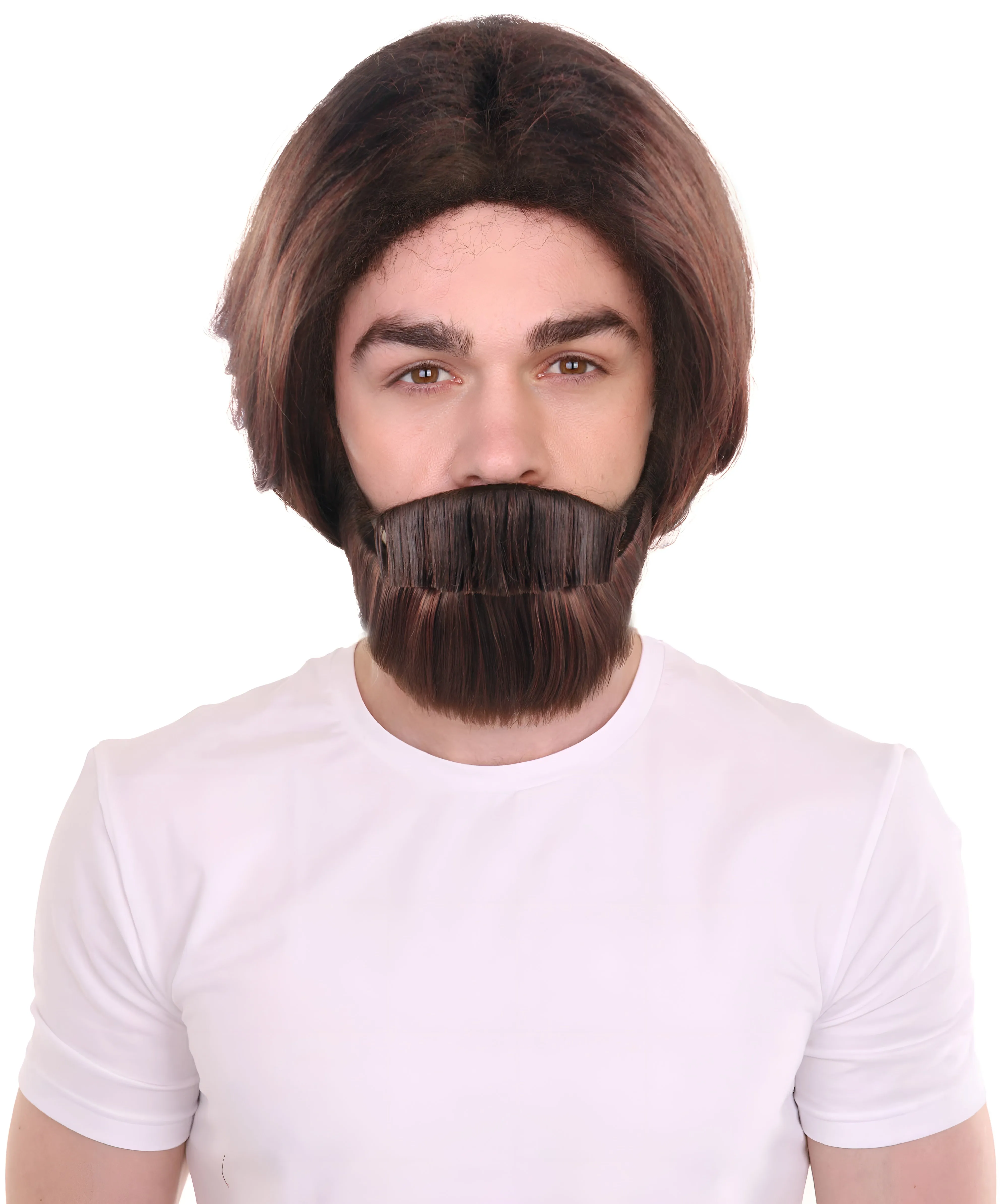 Brown Curly Wavy Mens Wig & Beard Set | Cosplay Halloween Wig | Premium Breathable Capless Cap