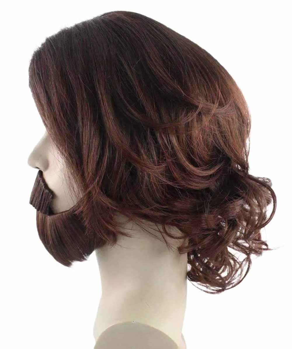 Brown Curly Wavy Mens Wig & Beard Set | Cosplay Halloween Wig | Premium Breathable Capless Cap