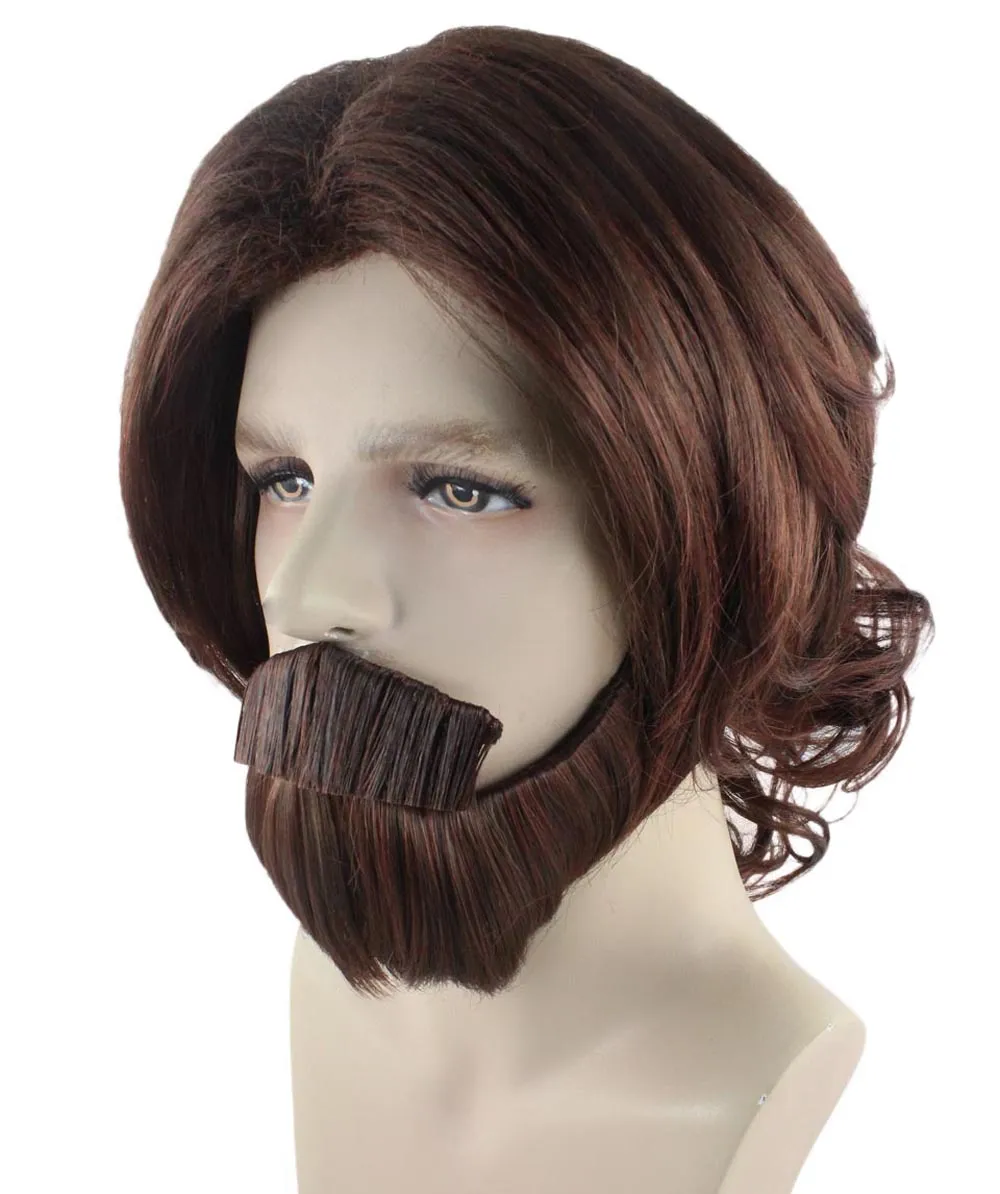 Brown Curly Wavy Mens Wig & Beard Set | Cosplay Halloween Wig | Premium Breathable Capless Cap