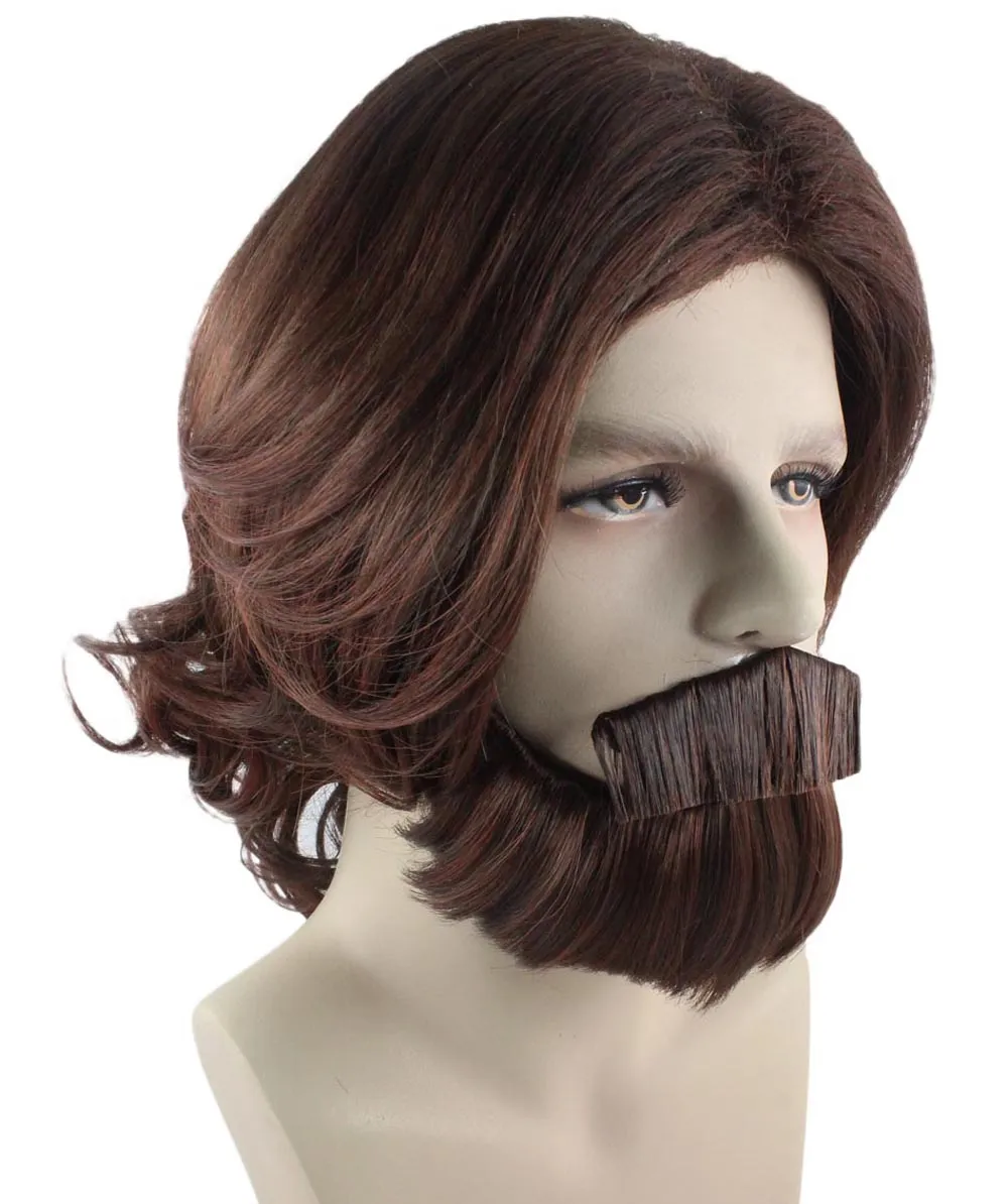 Brown Curly Wavy Mens Wig & Beard Set | Cosplay Halloween Wig | Premium Breathable Capless Cap