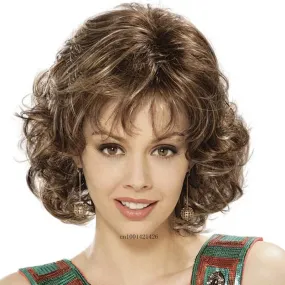 Curly Wig with Bangs Synthetic Hair Short Wigs for White Women Mix Brown Highlight Blonde Layered Haircut Mommy Wig Casual Style