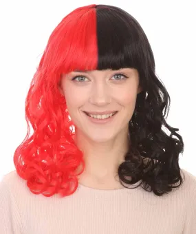 Half Red and Half Black Long Curly Anime Womens Wigs | Cartoon Stage/Event Fancy Halloween Wig | Premium Breathable Capless Cap