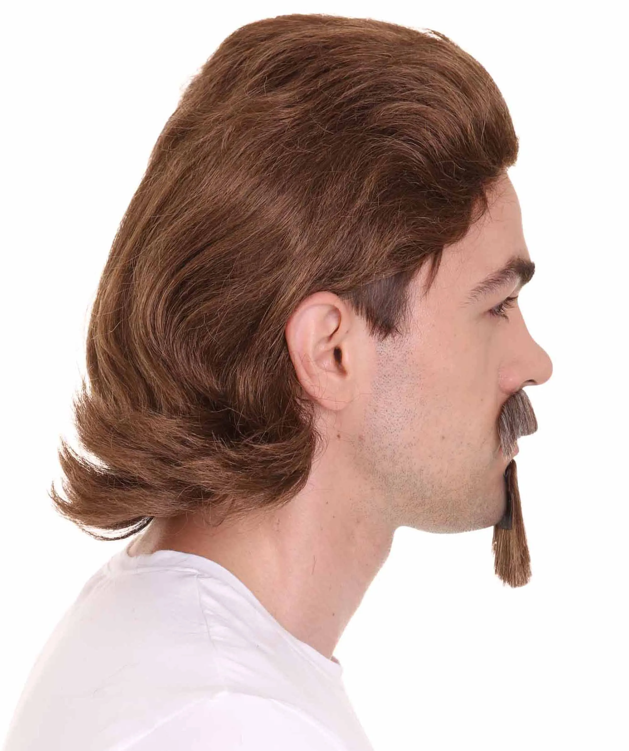 HPO Adult Men’s 18th Century Officer Brown Wig with Moustaches and Goatee Set I Flame-retardant Synthetic Fiber