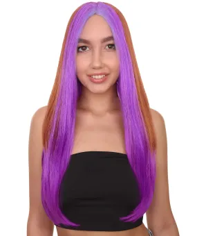 HPO Adult Women's Doll Figure Long Straight Wig with Purple Streaks | Cosplay Wig | Flame-retardant Synthetic Fiber