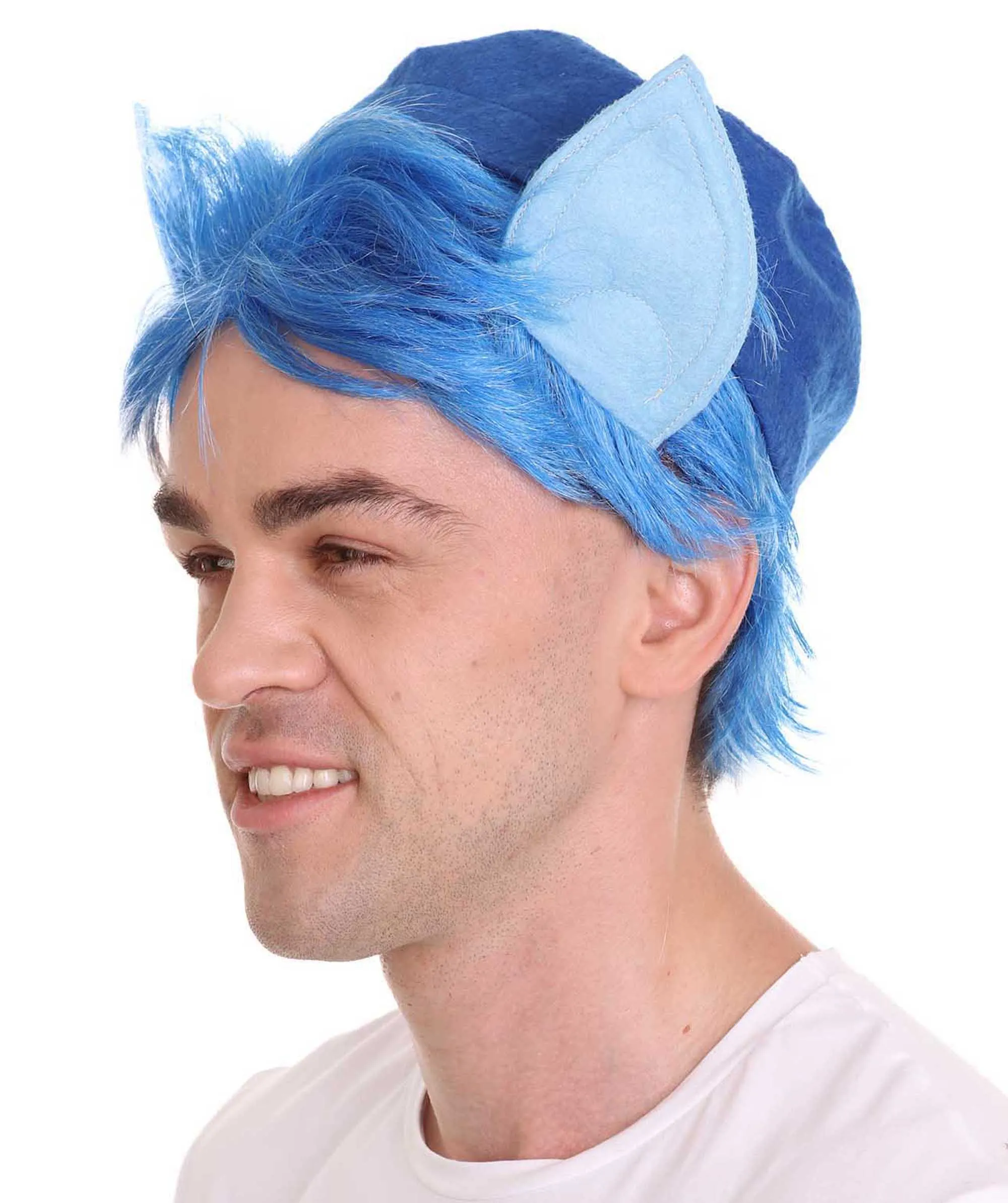 Men's Medium Length Middle Part Blue Straight Wig with Blue Ears