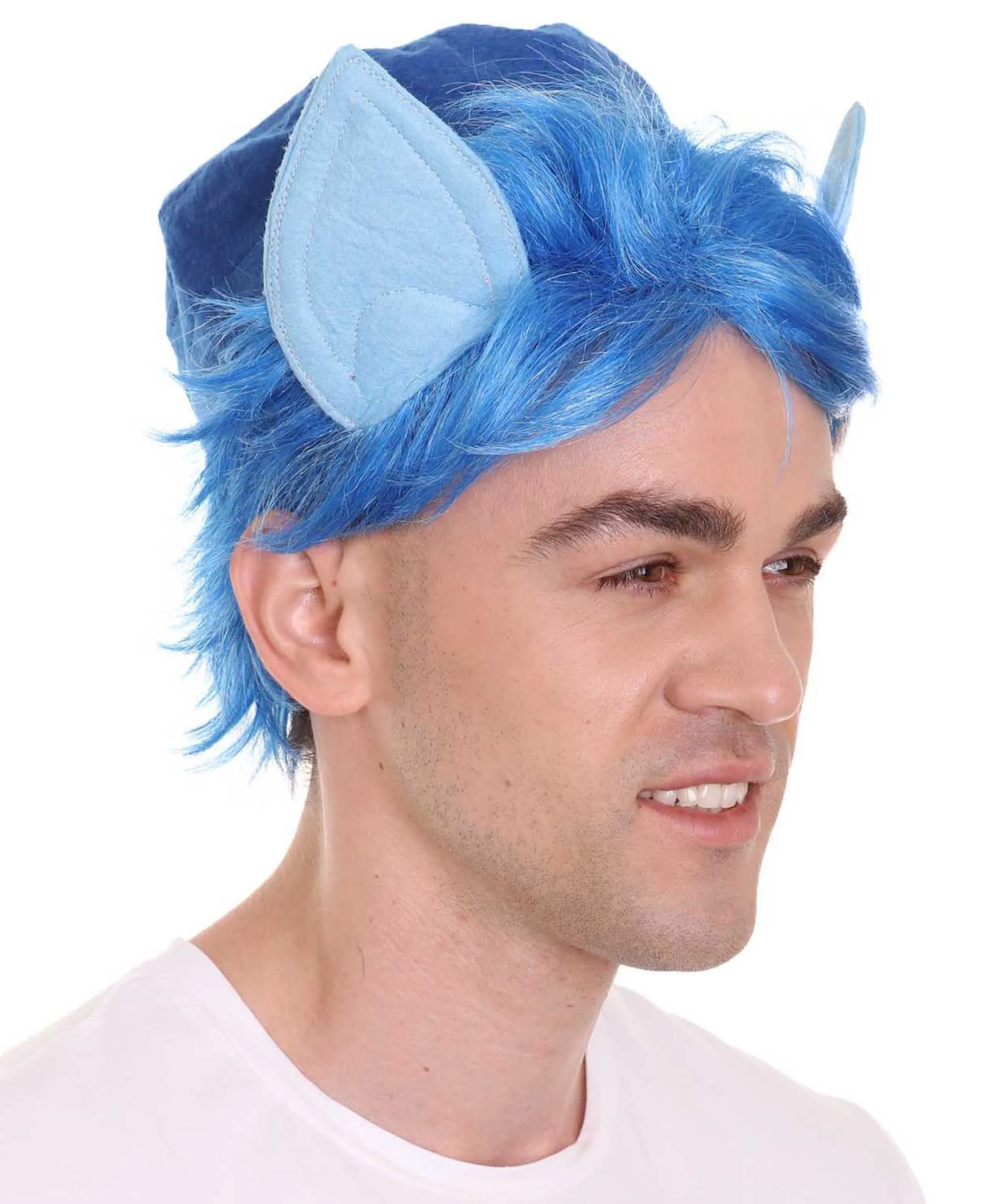 Men's Medium Length Middle Part Blue Straight Wig with Blue Ears