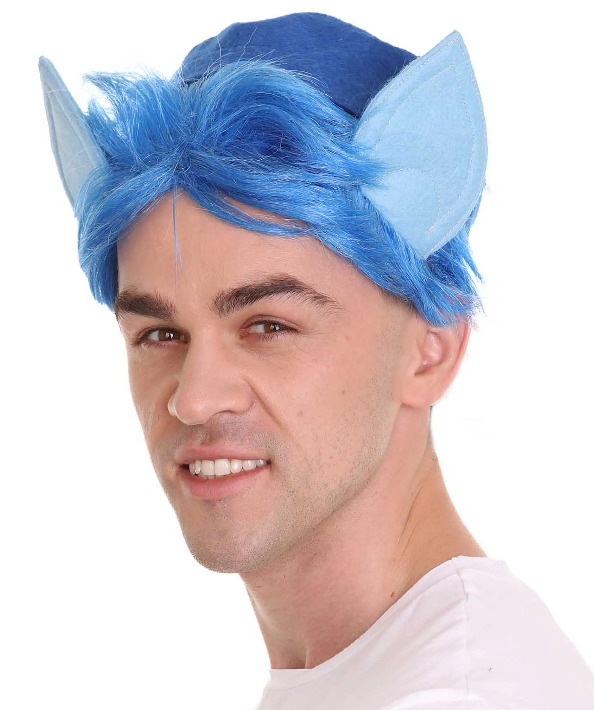 Men's Medium Length Middle Part Blue Straight Wig with Blue Ears