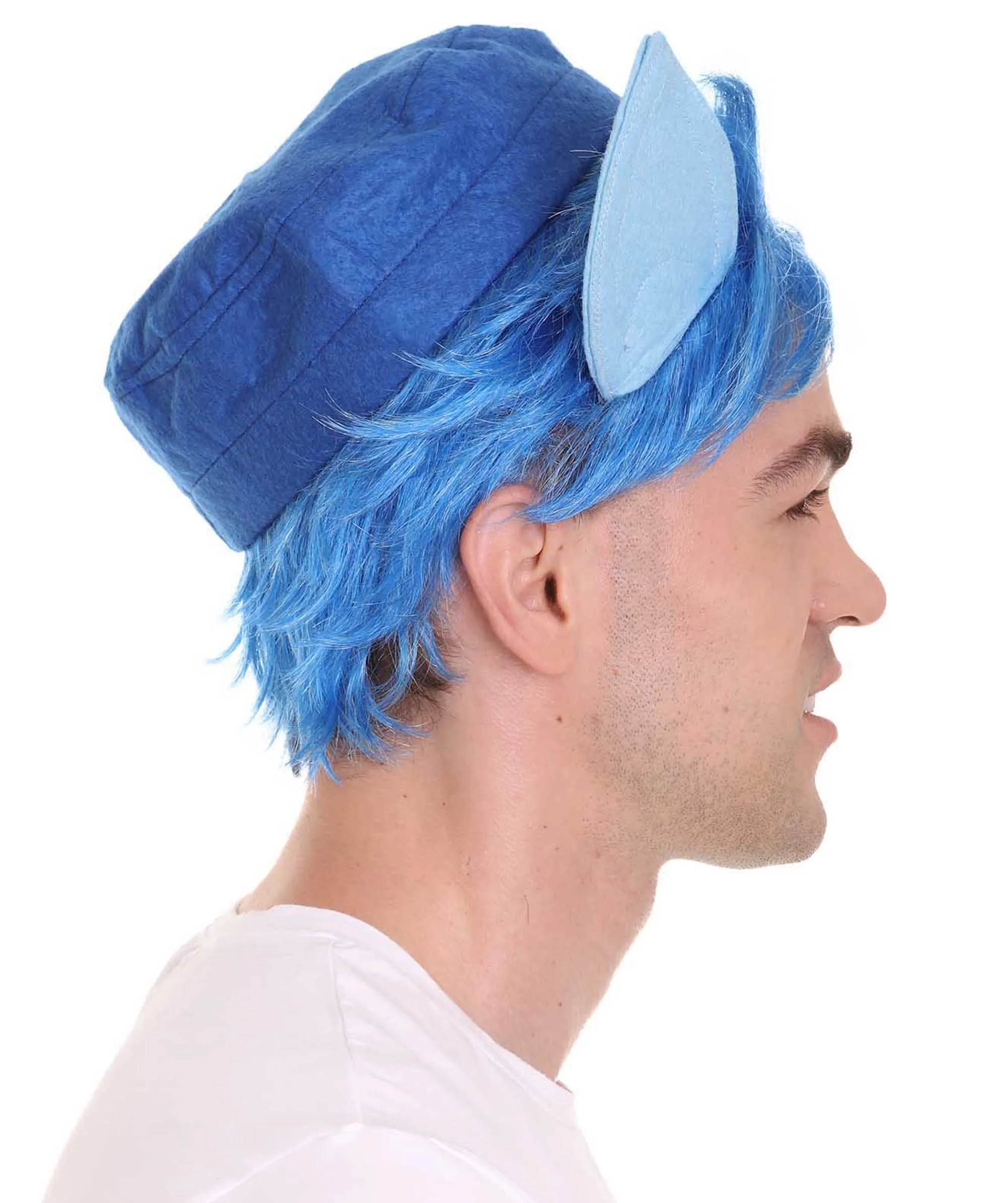 Men's Medium Length Middle Part Blue Straight Wig with Blue Ears