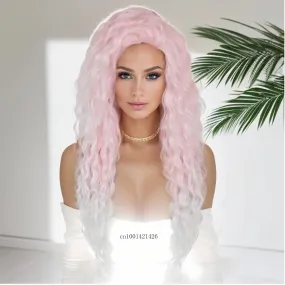 Pink Cosplay Wigs Syntheitc Hair 28 Inch Long Curly Wavy Wigs for Women Carnival Party Halloween Costume WIg Ombre Pink Color