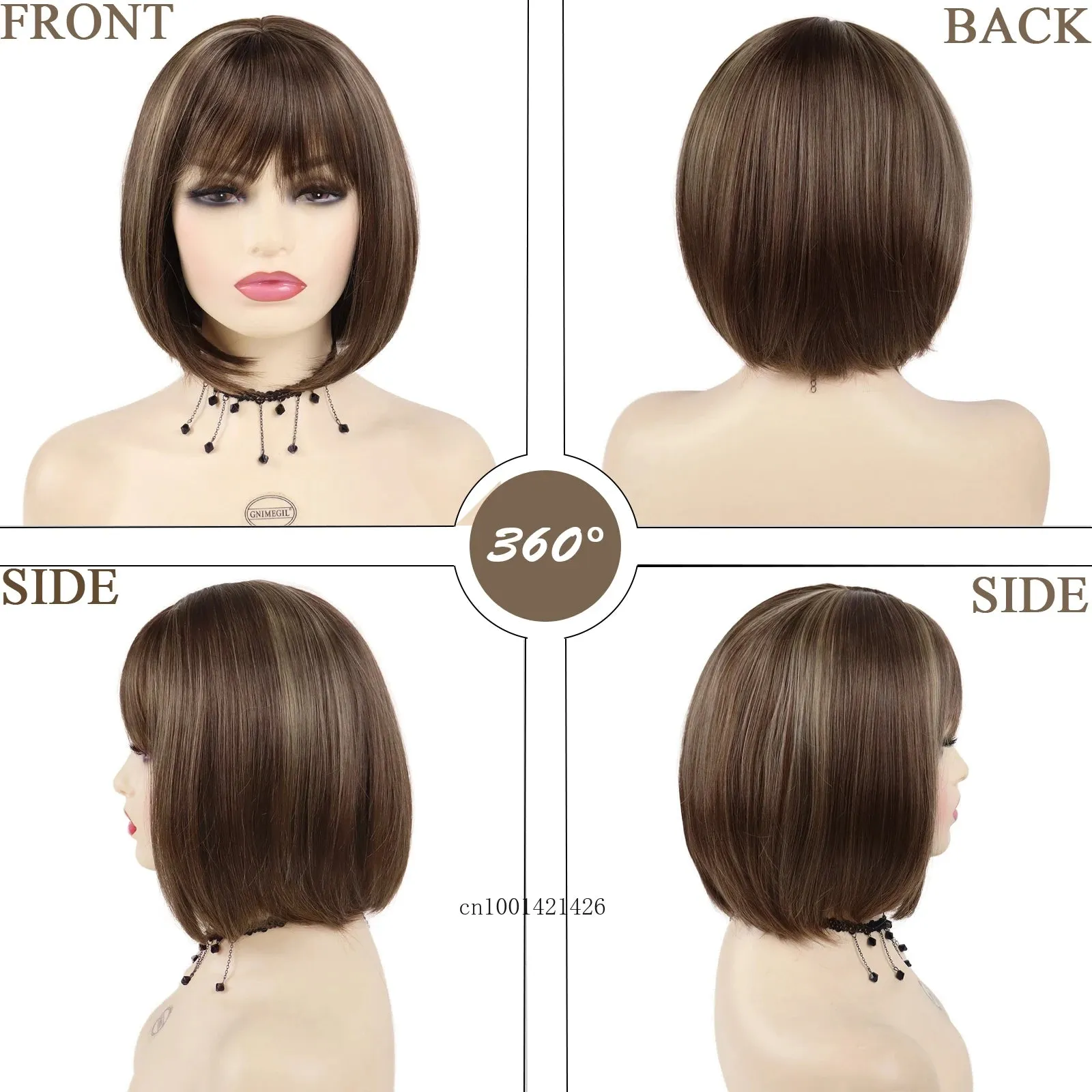 Synthetic Female Short Bob Wig with Bangs Highlights Mix Brown Bobs Mommy Wigs Natural Hairstyles Short Haircuts Lady Wig Casual