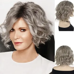 Synthetic Hair Ombre Gray Wigs for Women Medium Length Wave Wig with Black Roots Mommy Wig Natural Hairstyles Curly Wig