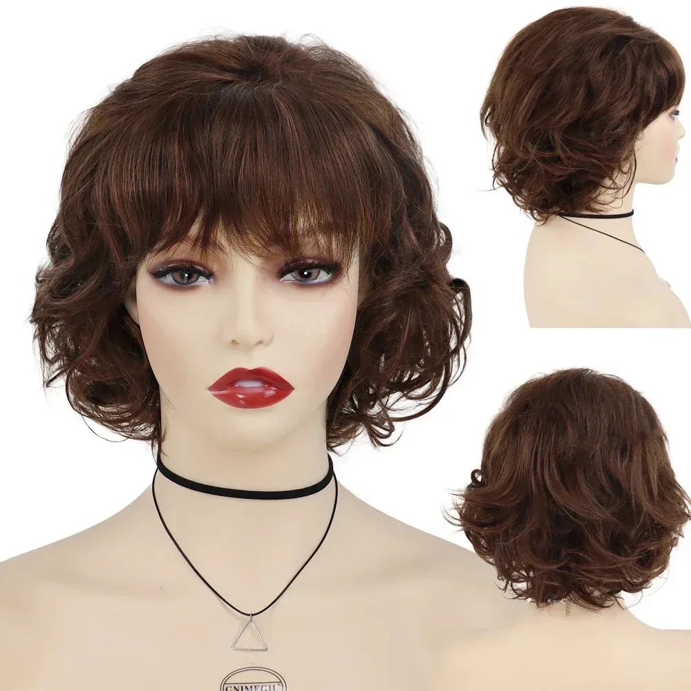 Synthetic Hair Short Brown Wigs for Women Natural Curly Hairstyle Mommy Wig with Bangs Daily Outfits Wig Cosplay Party