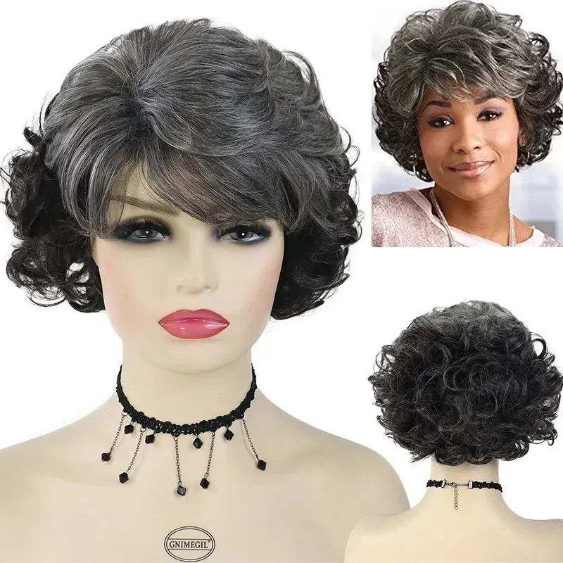 Synthetic Hair Short Brown Wigs for Women Natural Curly Hairstyle Mommy Wig with Bangs Daily Outfits Wig Cosplay Party