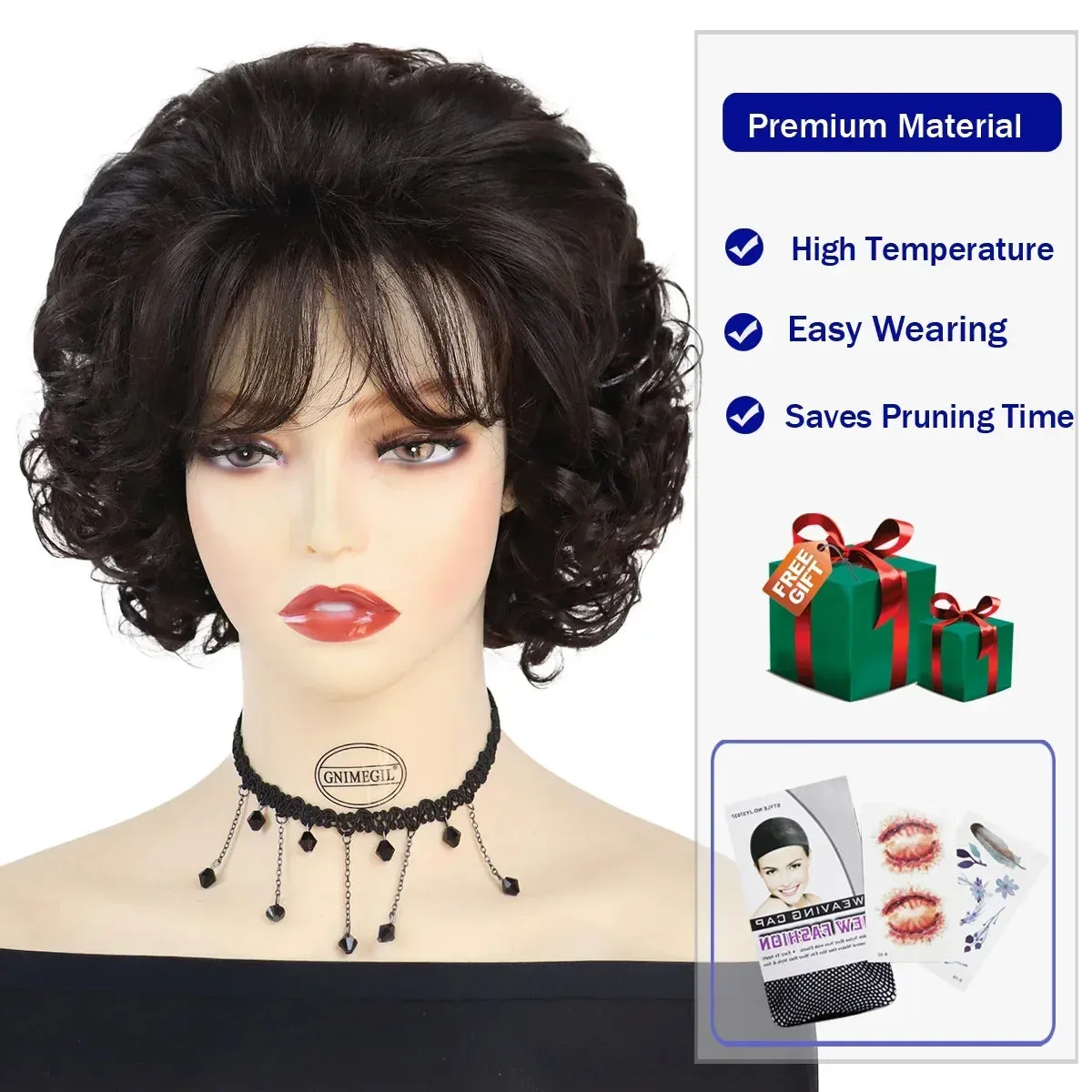 Synthetic Hair Short Brown Wigs for Women Natural Curly Hairstyle Mommy Wig with Bangs Daily Outfits Wig Cosplay Party