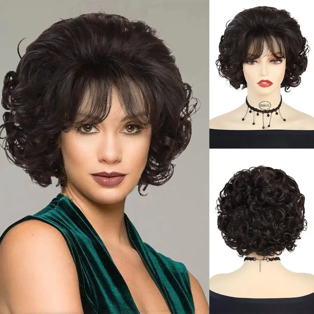 Synthetic Hair Short Brown Wigs for Women Natural Curly Hairstyle Mommy Wig with Bangs Daily Outfits Wig Cosplay Party