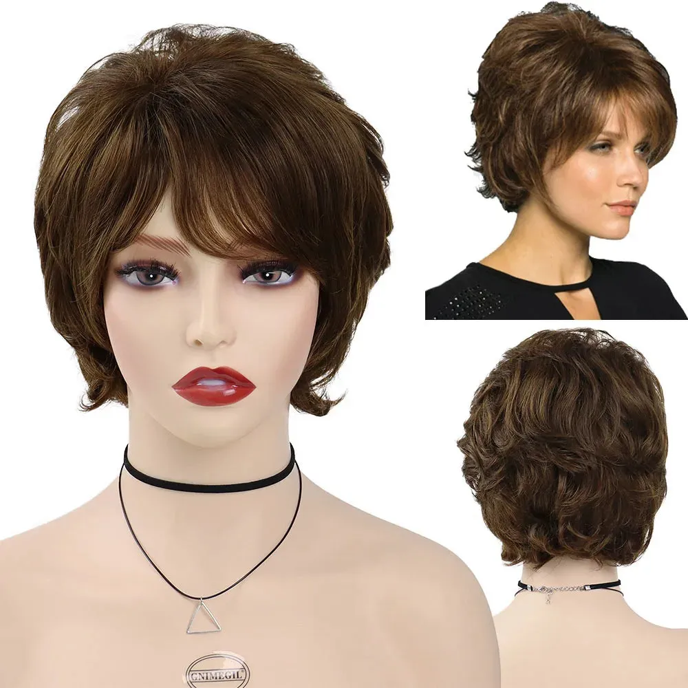 Synthetic Hair Woman Wig Short Natural Wig with Bangs Mix Brown Wig Old Lady Costume Mommy Wigs for Daily Halloween