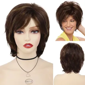 Synthetic Hair Woman Wig Short Natural Wig with Bangs Mix Brown Wig Old Lady Costume Mommy Wigs for Daily Halloween