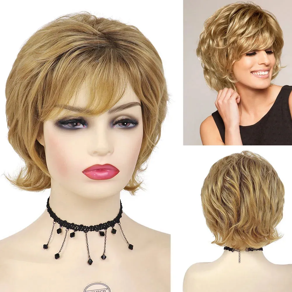 Synthetic Hair Woman Wig Short Natural Wig with Bangs Mix Brown Wig Old Lady Costume Mommy Wigs for Daily Halloween